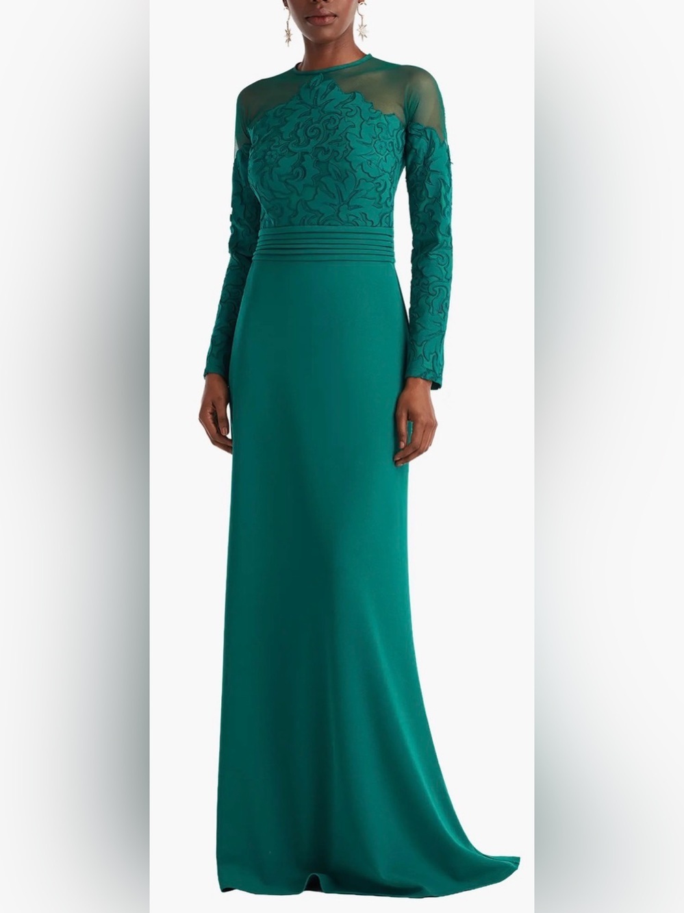 NEW TADASHI SHOJI Caliste Embroidered Illusion Lace Long Sleeve green Gown Sz 16